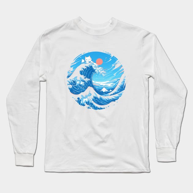 Cat riding The Great Wave off Kanagawa Long Sleeve T-Shirt by aphian